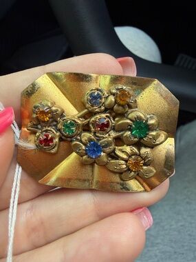 Vintage Gold-Tone Floral Brooch with Multicolor Rhinestones